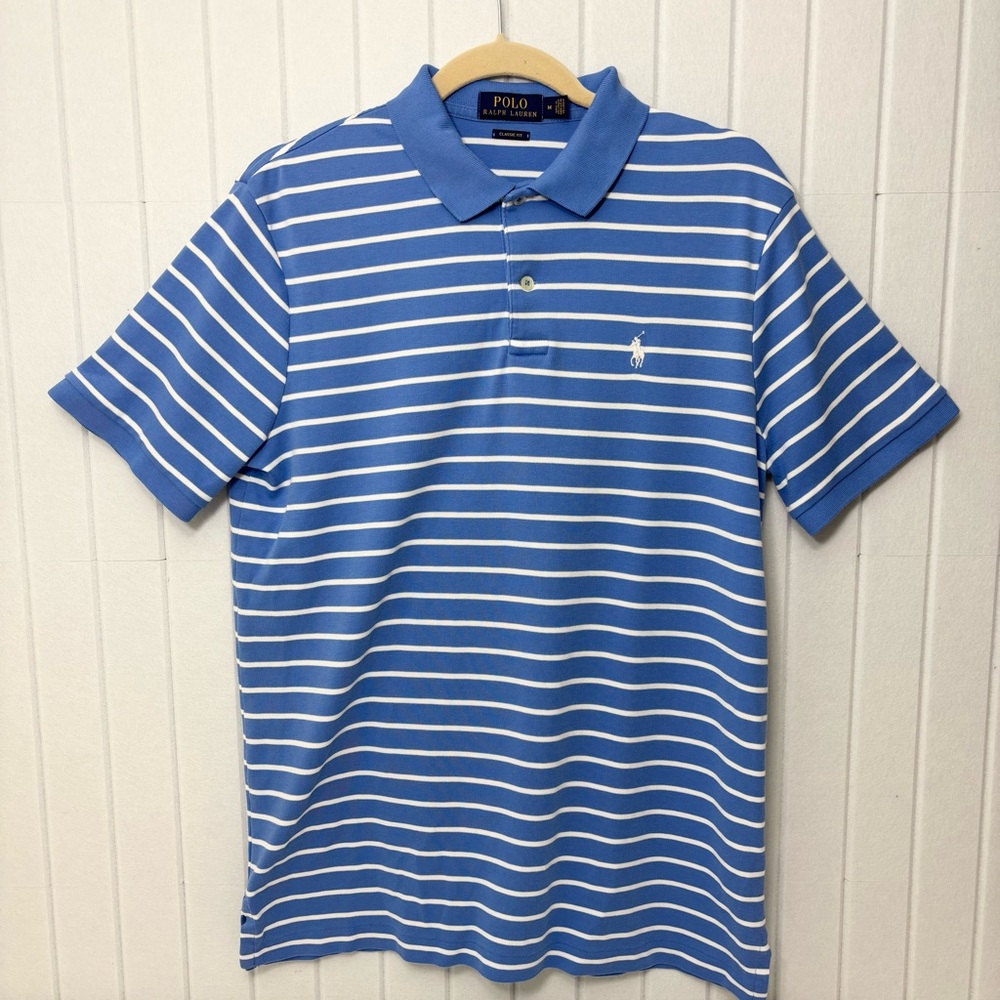 POLO Ralph Lauren Classic Fit Cotton Blue and White Striped Polo Shirt size M